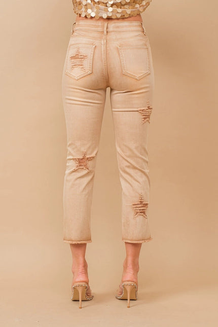 Garment Wash Star Crop Denim Skinny Jeans Tan