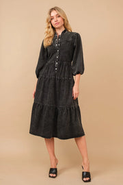 Garment Washed Chevron Yoke Midi Denim Dress Charcoal-Dress-Blue B-S-Urbanheer