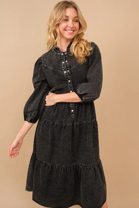 Garment Washed Chevron Yoke Midi Denim Dress Charcoal-Dress-Blue B-S-Urbanheer