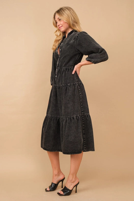 Garment Washed Chevron Yoke Midi Denim Dress Charcoal-Dress-Blue B-S-Urbanheer