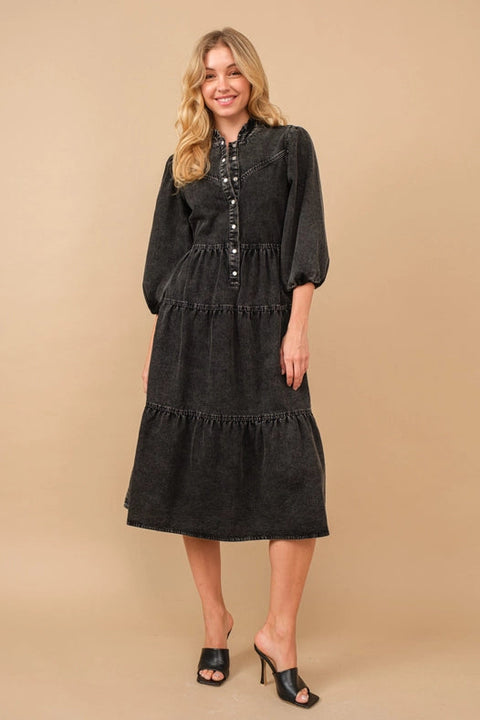 Garment Washed Chevron Yoke Midi Denim Dress Charcoal-Dress-Blue B-S-Urbanheer