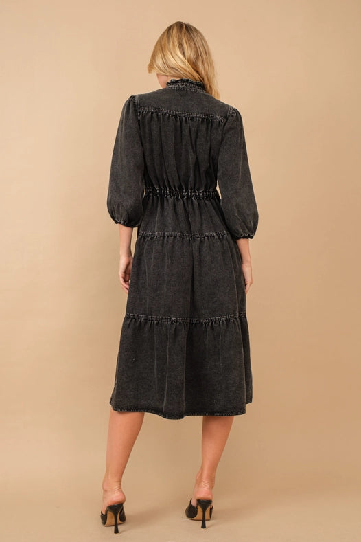 Garment Washed Chevron Yoke Midi Denim Dress Charcoal-Dress-Blue B-S-Urbanheer
