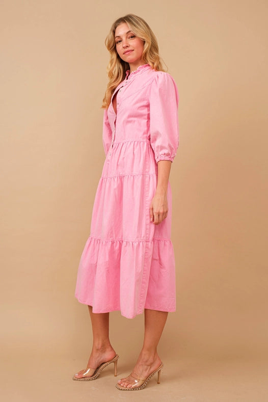 Garment Washed Chevron Yoke Midi Denim Dress Hot Pink-Dress-Blue B-S-Urbanheer