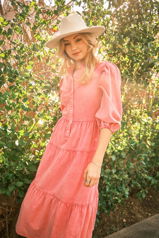 Garment Washed Chevron Yoke Midi Denim Dress Hot Pink-Dress-Blue B-S-Urbanheer