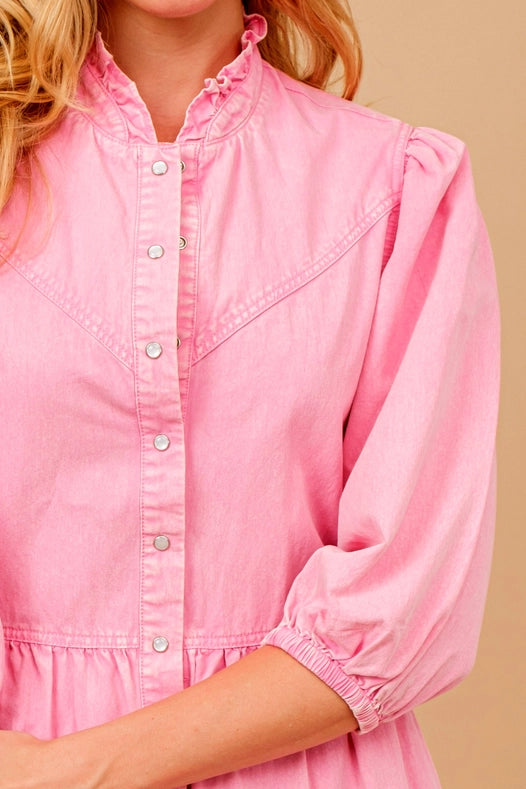 Garment Washed Chevron Yoke Midi Denim Dress Hot Pink-Dress-Blue B-S-Urbanheer