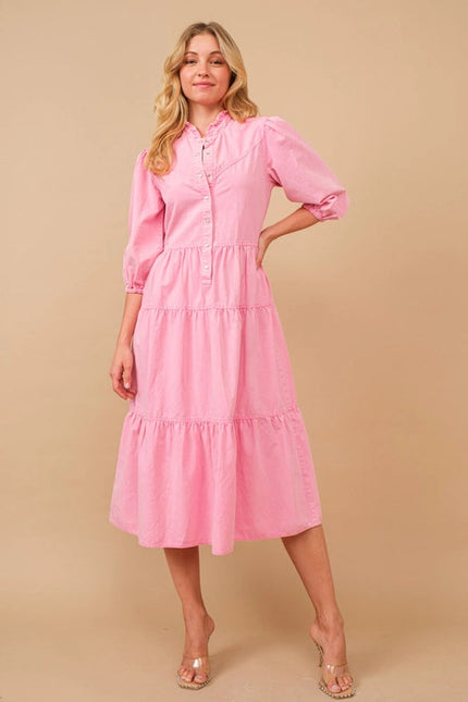 Garment Washed Chevron Yoke Midi Denim Dress Hot Pink