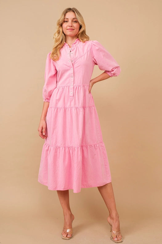Garment Washed Chevron Yoke Midi Denim Dress Hot Pink-Dress-Blue B-S-Urbanheer