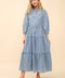 Garment Washed Chevron Yoke Midi Denim Dress Light Wash-Dress-Blue B-S-Urbanheer