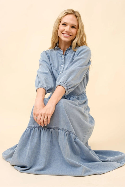 Garment Washed Chevron Yoke Midi Denim Dress Light Wash-Dress-Blue B-S-Urbanheer