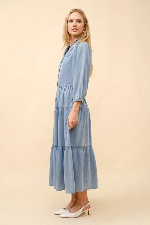 Garment Washed Chevron Yoke Midi Denim Dress Light Wash-Dress-Blue B-S-Urbanheer