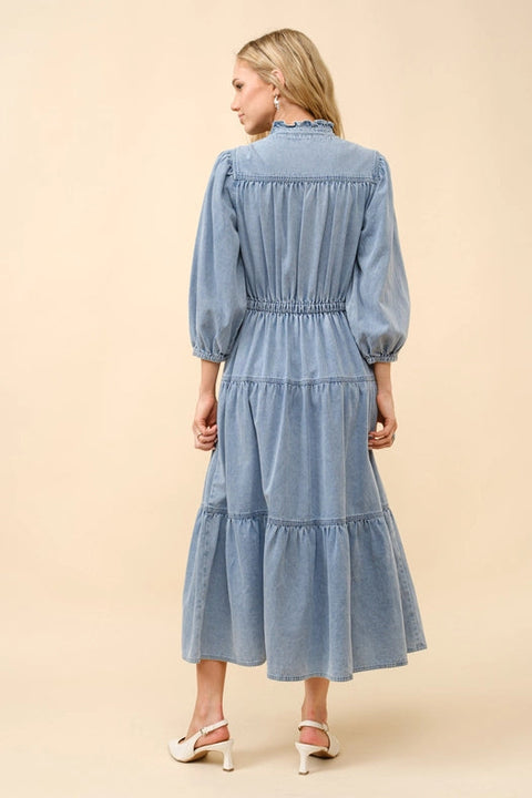 Garment Washed Chevron Yoke Midi Denim Dress Light Wash-Dress-Blue B-S-Urbanheer