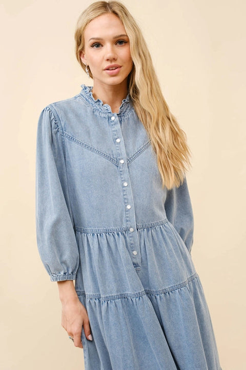 Garment Washed Chevron Yoke Midi Denim Dress Light Wash-Dress-Blue B-S-Urbanheer