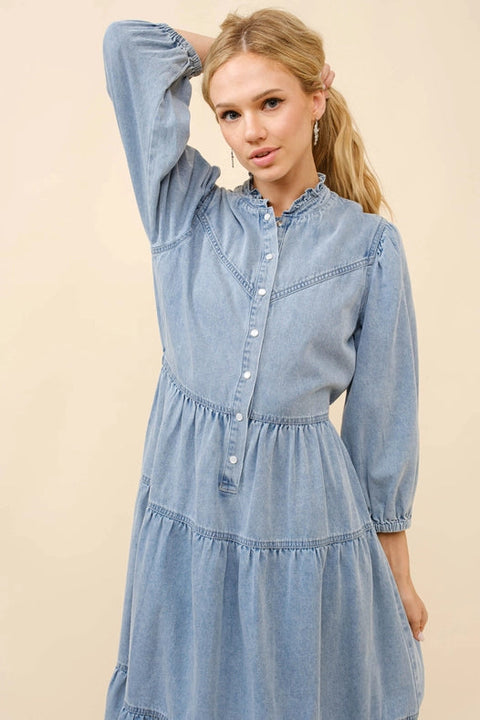 Garment Washed Chevron Yoke Midi Denim Dress Light Wash-Dress-Blue B-S-Urbanheer