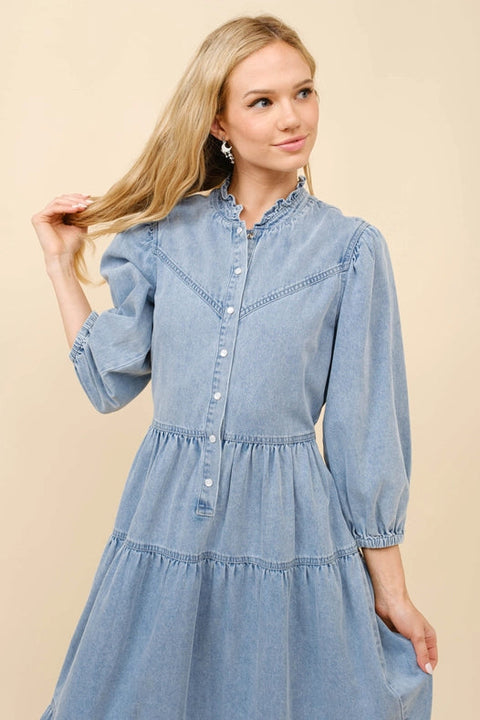 Garment Washed Chevron Yoke Midi Denim Dress Light Wash-Dress-Blue B-S-Urbanheer