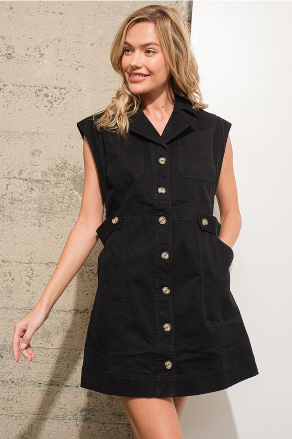 Garment Washed Collared Cargo Twill Dress BLACK-Dress-Blue B-S-BLACK-Urbanheer