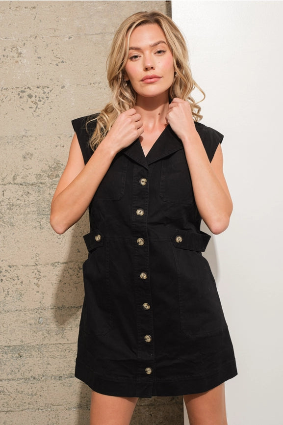 Garment Washed Collared Cargo Twill Dress BLACK-Dress-Blue B-S-BLACK-Urbanheer