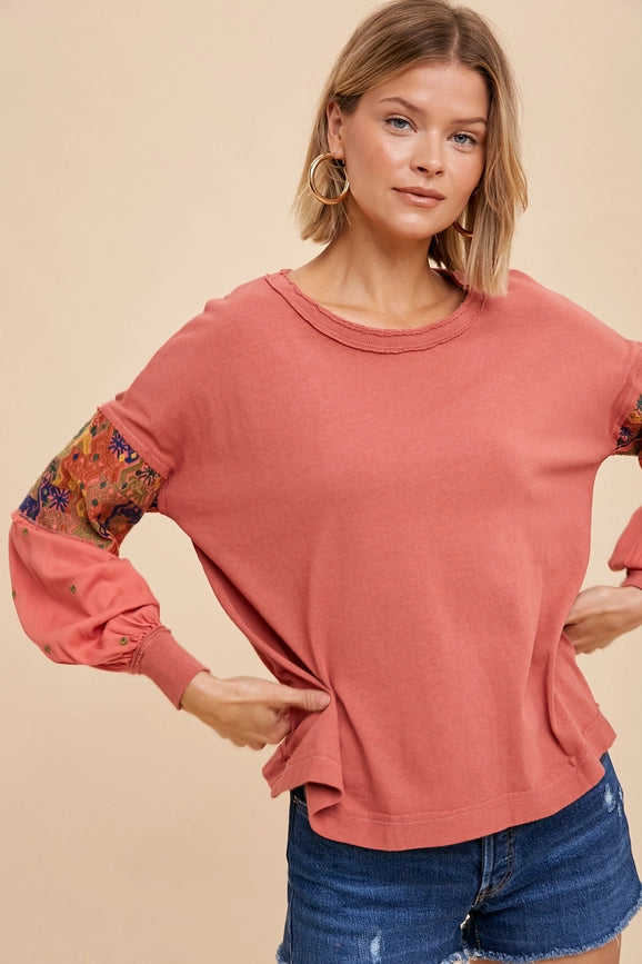 Garment Washed Embroidered Sleeve Long Sleeve Tee BURNT GINGER-Tee-In Loom-S-BURNT GINGER-Urbanheer