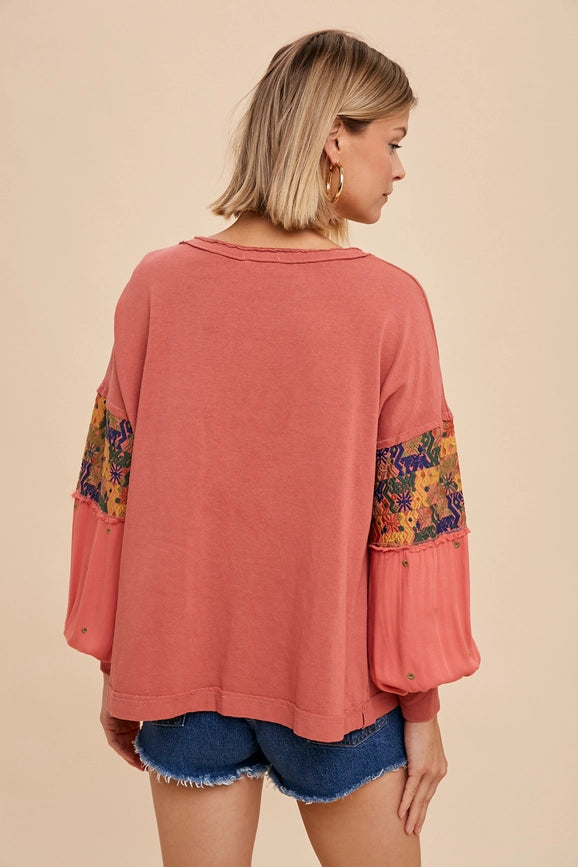 Garment Washed Embroidered Sleeve Long Sleeve Tee BURNT GINGER-Tee-In Loom-S-BURNT GINGER-Urbanheer