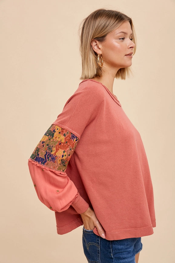 Garment Washed Embroidered Sleeve Long Sleeve Tee BURNT GINGER-Tee-In Loom-S-BURNT GINGER-Urbanheer