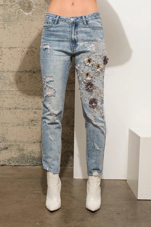 Garment Washed Flower Embellished 3D Denim Jeans-Jeans-Blue B-S-LIGHT WASH-Urbanheer