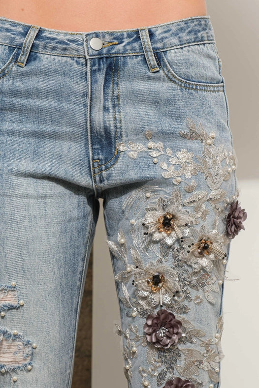 Garment Washed Flower Embellished 3D Denim Jeans-Jeans-Blue B-S-LIGHT WASH-Urbanheer