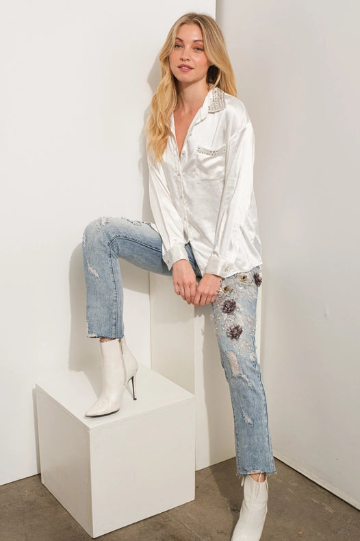 Garment Washed Flower Embellished 3D Denim Jeans-Jeans-Blue B-S-LIGHT WASH-Urbanheer