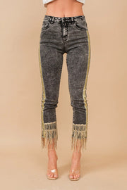Garment Washed Side Sequin Tape Fringe Denim Jeans Charcoal-Jeans-Blue B-S-CHARCOAL-Urbanheer