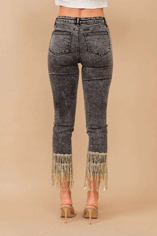 Garment Washed Side Sequin Tape Fringe Denim Jeans Charcoal-Jeans-Blue B-S-CHARCOAL-Urbanheer