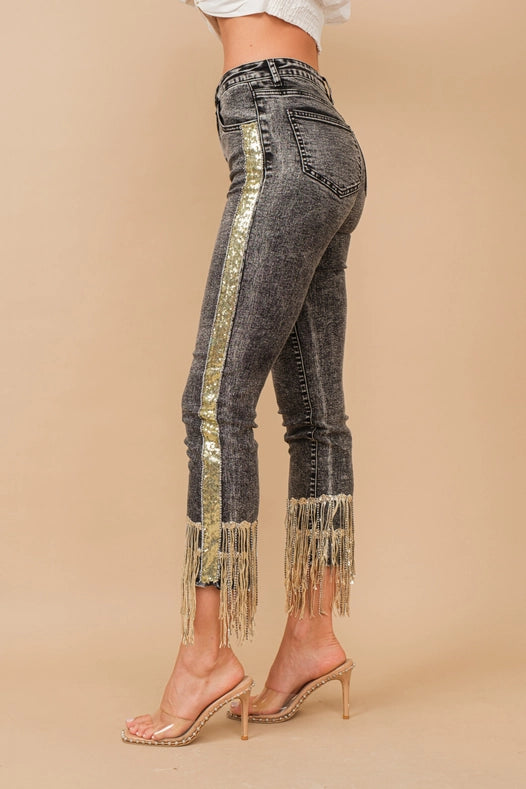 Garment Washed Side Sequin Tape Fringe Denim Jeans Charcoal-Jeans-Blue B-S-CHARCOAL-Urbanheer
