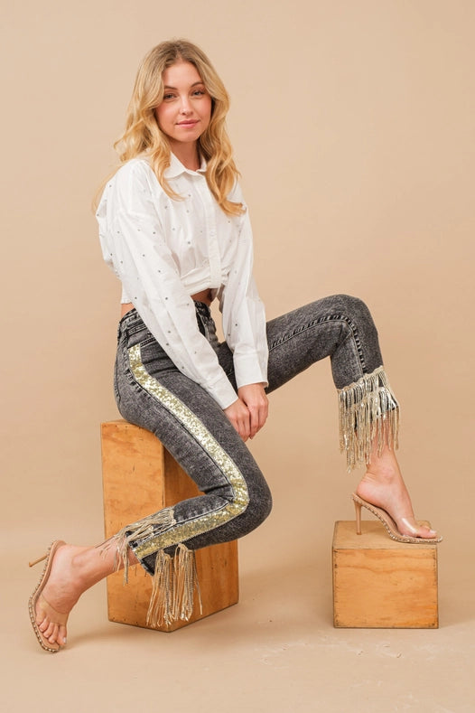Garment Washed Side Sequin Tape Fringe Denim Jeans Charcoal-Jeans-Blue B-S-CHARCOAL-Urbanheer
