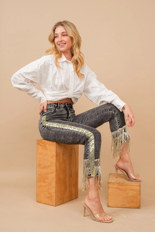 Garment Washed Side Sequin Tape Fringe Denim Jeans Charcoal-Jeans-Blue B-S-CHARCOAL-Urbanheer