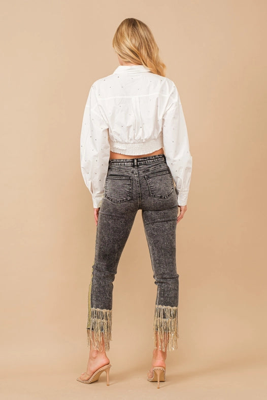 Garment Washed Side Sequin Tape Fringe Denim Jeans CHARCOAL