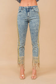 Garment Washed Side Sequin Tape Fringe Denim Jeans Med Wash-Jeans-Blue B-S-MED WASH-Urbanheer