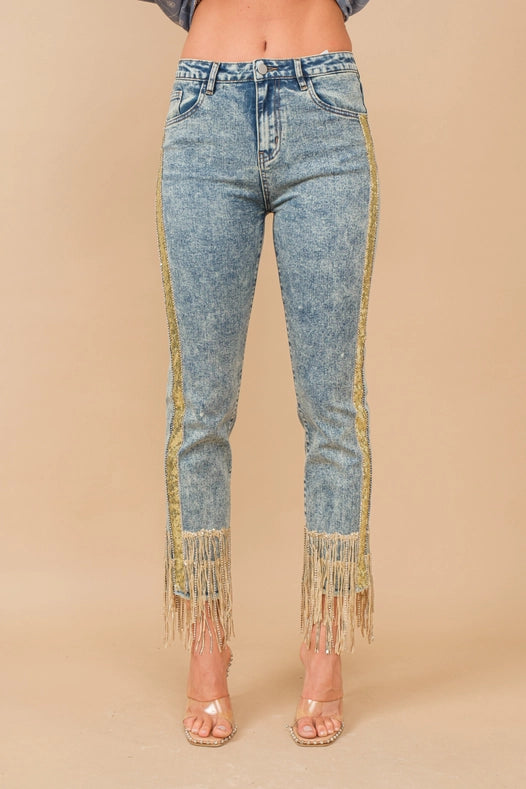 Garment Washed Side Sequin Tape Fringe Denim Jeans Med Wash-Jeans-Blue B-S-MED WASH-Urbanheer