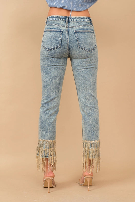 Garment Washed Side Sequin Tape Fringe Denim Jeans Med Wash-Jeans-Blue B-S-MED WASH-Urbanheer