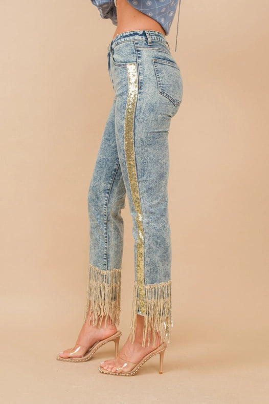 Garment Washed Side Sequin Tape Fringe Denim Jeans Med Wash-Jeans-Blue B-S-MED WASH-Urbanheer