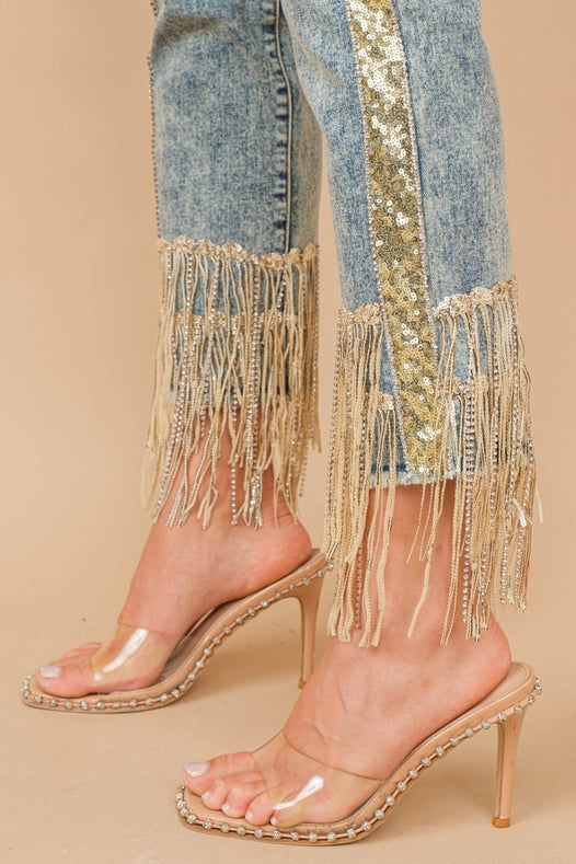Garment Washed Side Sequin Tape Fringe Denim Jeans Med Wash-Jeans-Blue B-S-MED WASH-Urbanheer