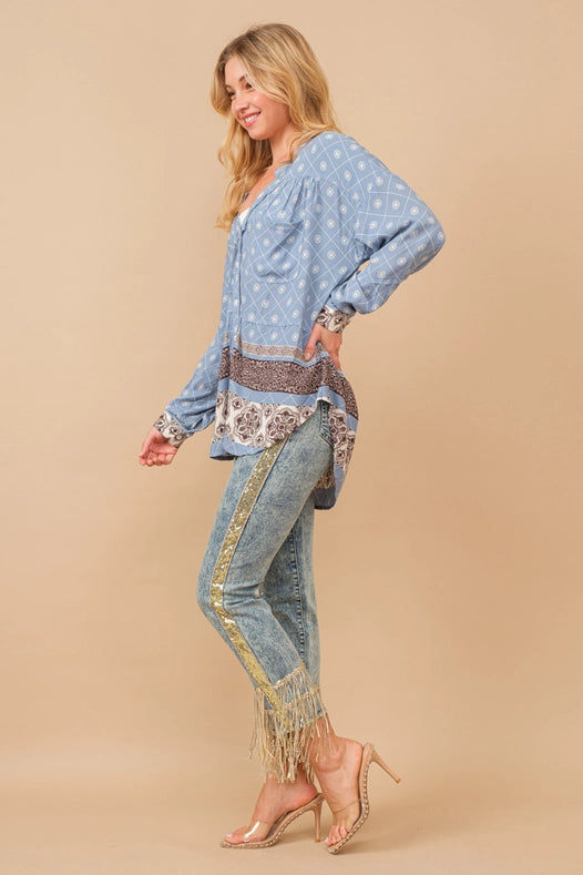 Garment Washed Side Sequin Tape Fringe Denim Jeans Med Wash-Jeans-Blue B-S-MED WASH-Urbanheer