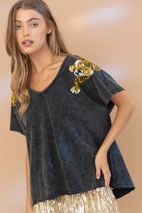 Garment Washed V Neck Tiger Sequin Patch T Shirt Charcoal-T-Shirt-Blue B-S-CHARCOAL-Urbanheer