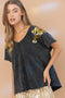 Garment Washed V Neck Tiger Sequin Patch T Shirt Charcoal-T-Shirt-Blue B-S-CHARCOAL-Urbanheer