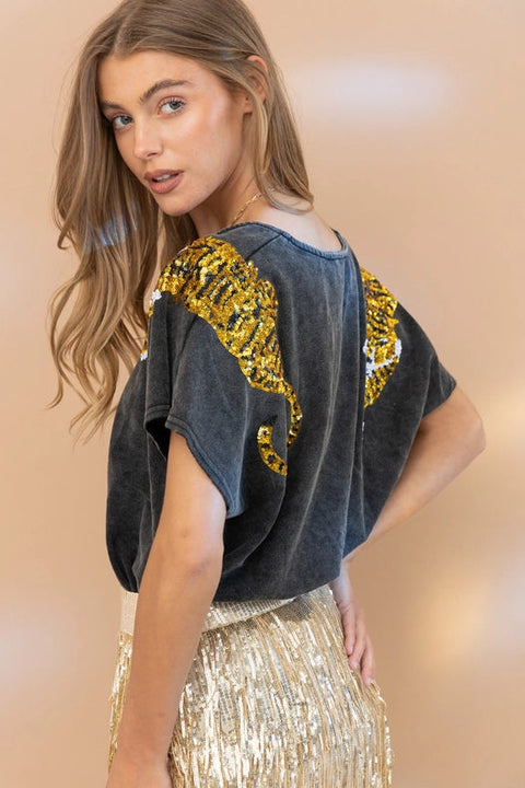 Garment Washed V Neck Tiger Sequin Patch T Shirt Charcoal-T-Shirt-Blue B-S-CHARCOAL-Urbanheer