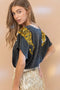 Garment Washed V Neck Tiger Sequin Patch T Shirt Charcoal-T-Shirt-Blue B-S-CHARCOAL-Urbanheer