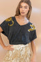 Garment Washed V Neck Tiger Sequin Patch T Shirt Charcoal-T-Shirt-Blue B-S-CHARCOAL-Urbanheer