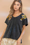 Garment Washed V Neck Tiger Sequin Patch T Shirt Charcoal-T-Shirt-Blue B-S-CHARCOAL-Urbanheer