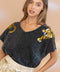 Garment Washed V Neck Tiger Sequin Patch T Shirt Charcoal-T-Shirt-Blue B-S-CHARCOAL-Urbanheer