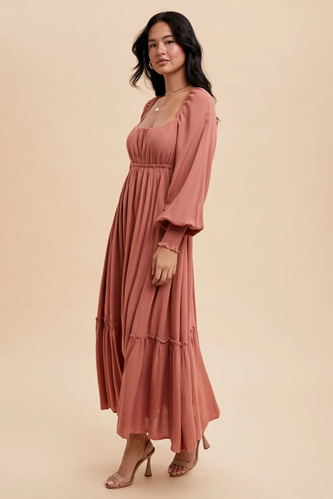 Gathered Long Sleeve Maxi Dress-Dress-In Loom-S-DESERT ROSE-Urbanheer
