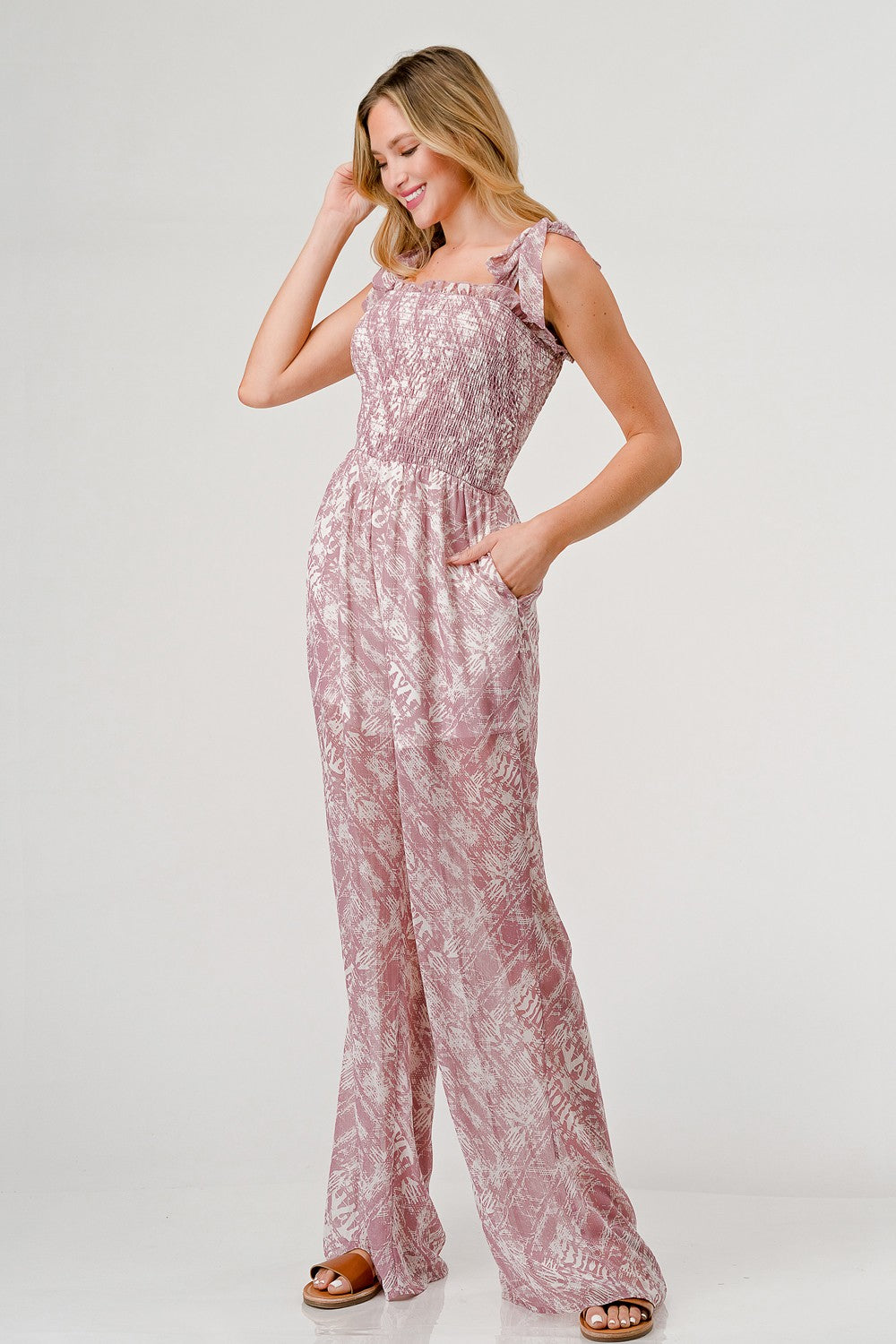 Geegee Printed Tie Shoulder Wide Leg Jumpsuit-Street 360-Mauve-S-Urbanheer