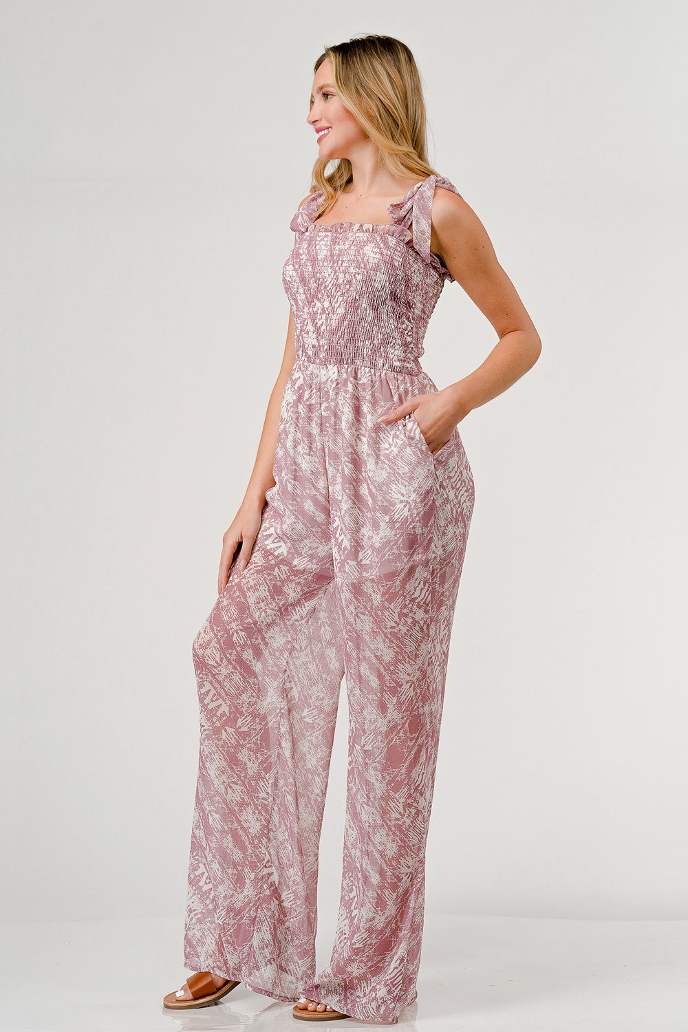 Geegee Printed Tie Shoulder Wide Leg Jumpsuit-Street 360-Mauve-S-Urbanheer
