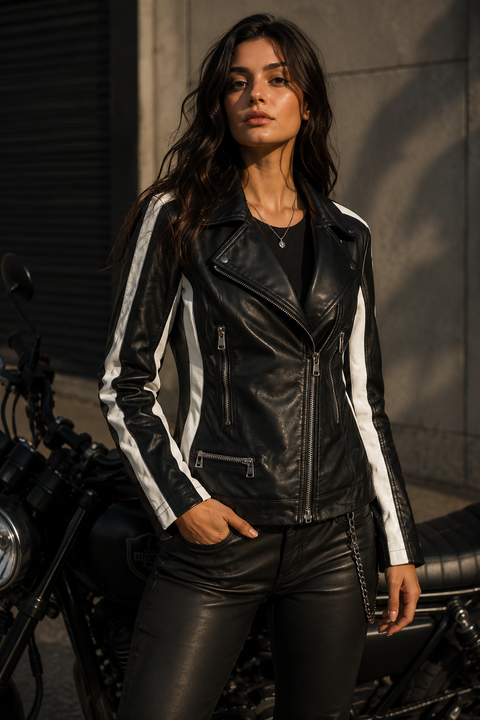 Contrast Stripe Washed Leather Biker Jacket