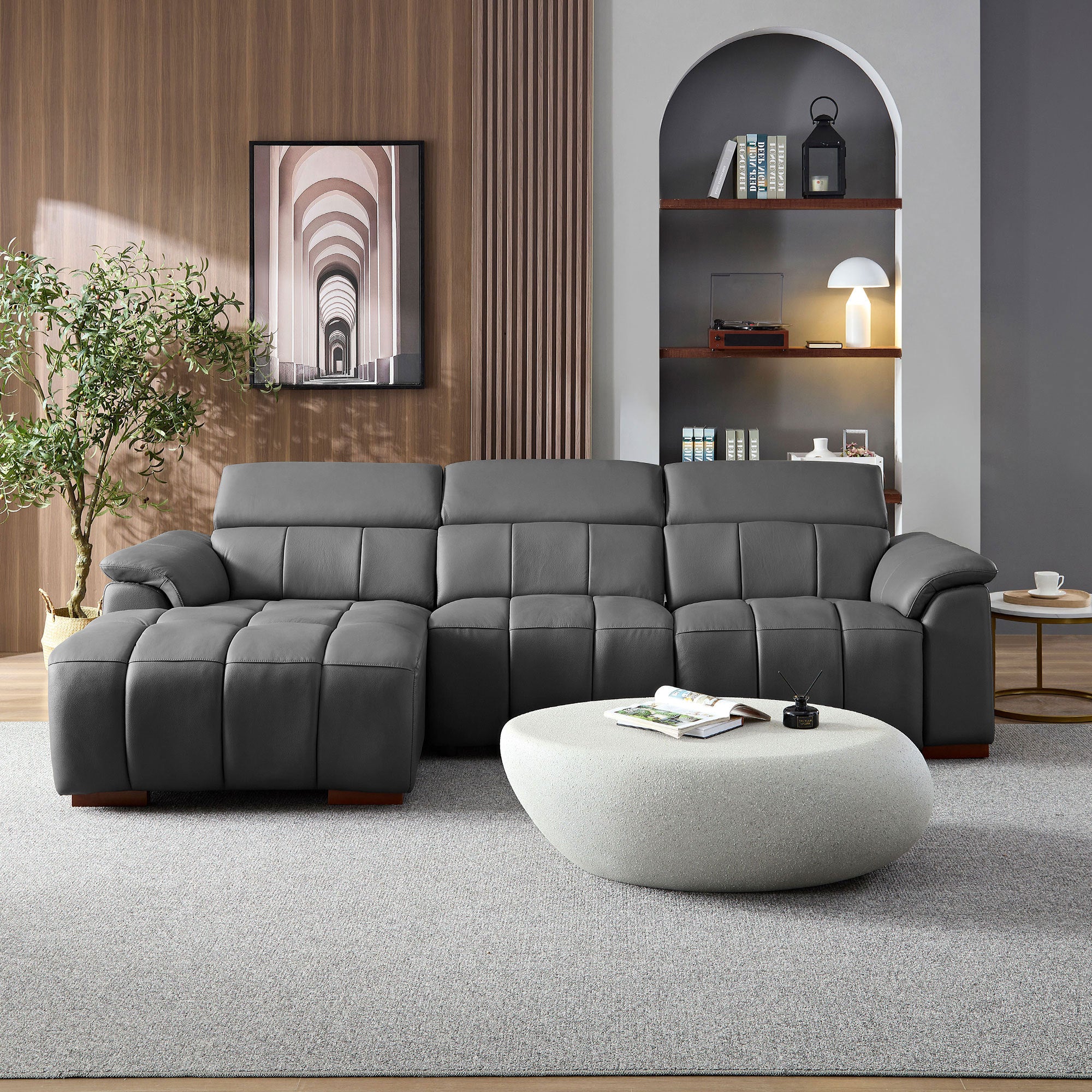 Genuine Leather Reclining Sectional Sofa - Dark Grey